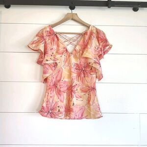 Vtg Floral Y2K Flutter Fairy Feminine Blouse Top Criss Cross Pink Peach Size 10